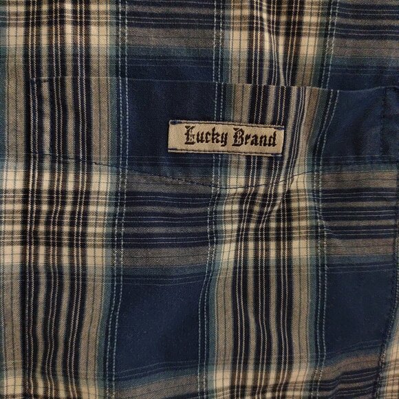 Lucky Brand Men's Large Short Sleeve Button Up Shirt Plaid Blue Gray White - Picture 3 of 8
